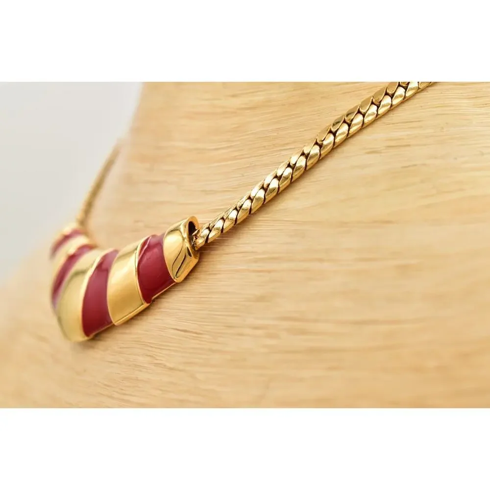 Napier Vintage Collar Necklace Red Enamel Gold Herringbone Chain Signed BinA17